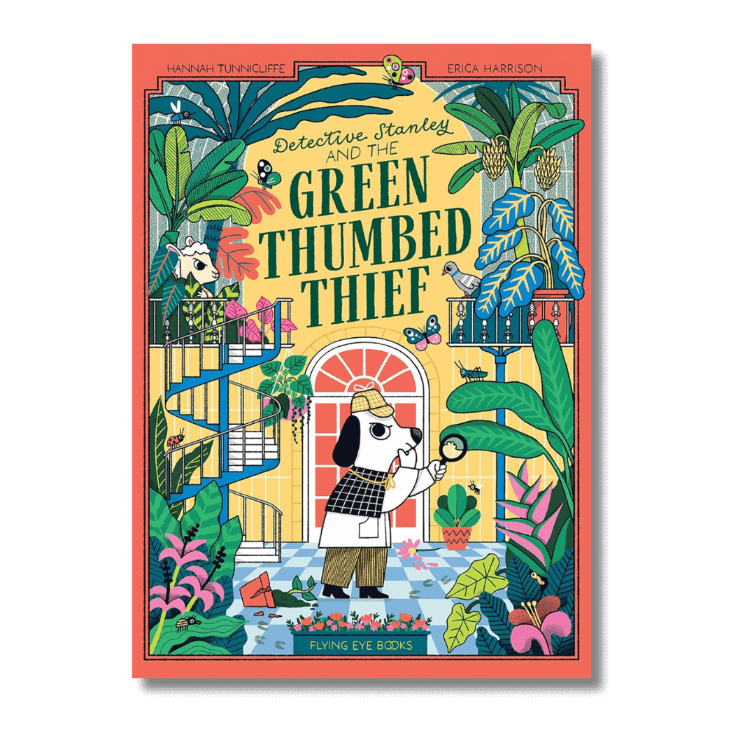 Book cover of 'Detective Stanley and the Green Thumbed Thief' with a dog character and tropical plants.