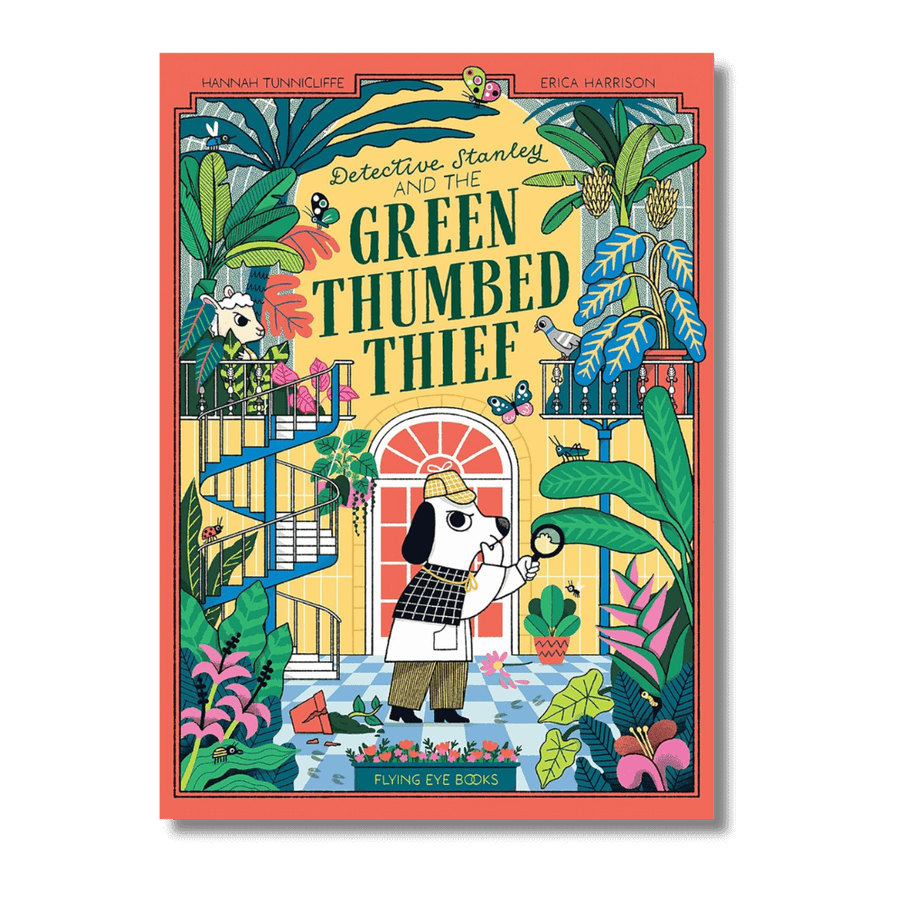 Book cover of 'Detective Stanley and the Green Thumbed Thief' with a dog character and tropical plants.