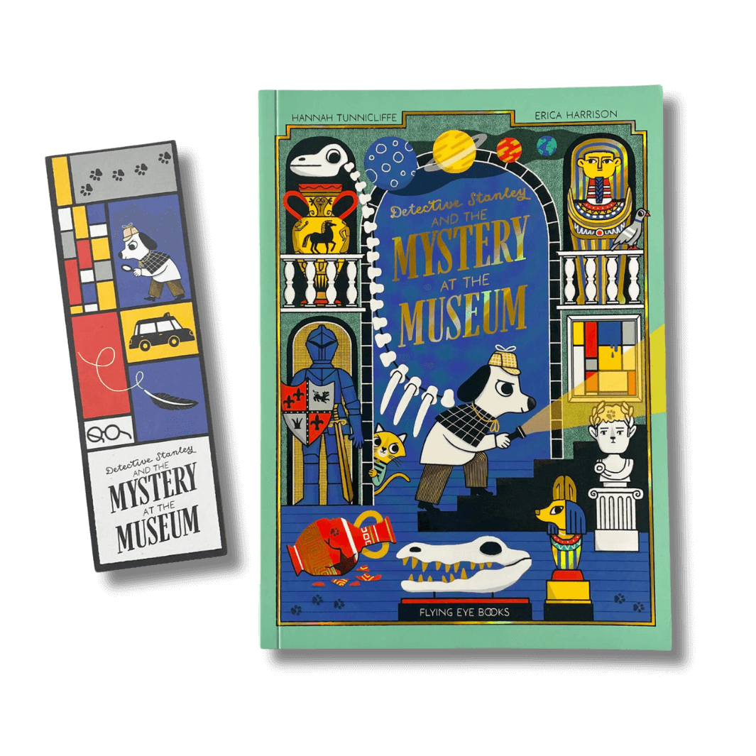 Cover of Detective Stanley and the Mystery at the Museum by Hannah Tunnicliffe and Erica Harrison with accompanying bookmark