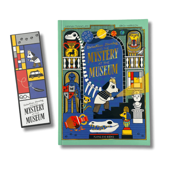 Cover of Detective Stanley and the Mystery at the Museum by Hannah Tunnicliffe and Erica Harrison with accompanying bookmark
