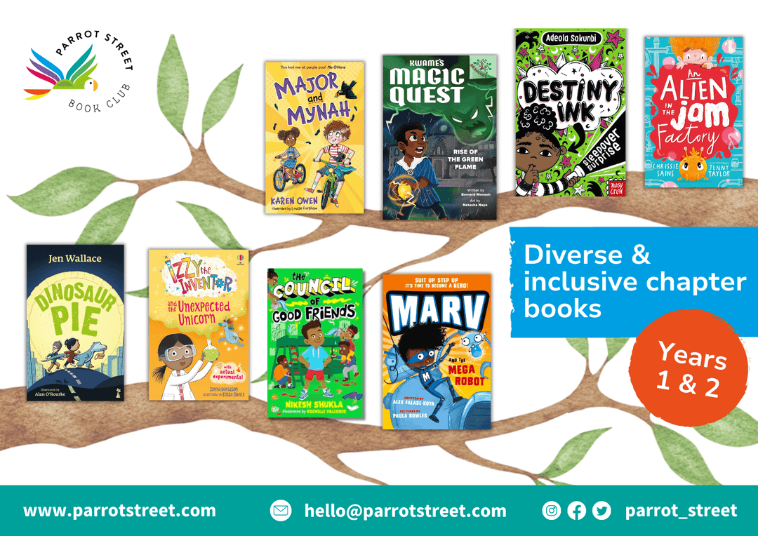Printable poster showing 9 recommended chapter books for Years 1 & 2 supporting diversity and inclusivity