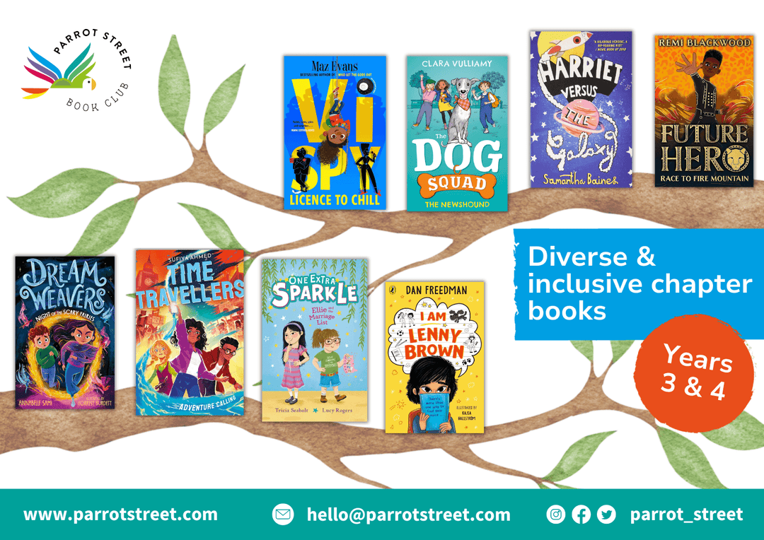 Printable poster showing 9 recommended chapter books for Years 3 & 4 supporting diversity and inclusivity
