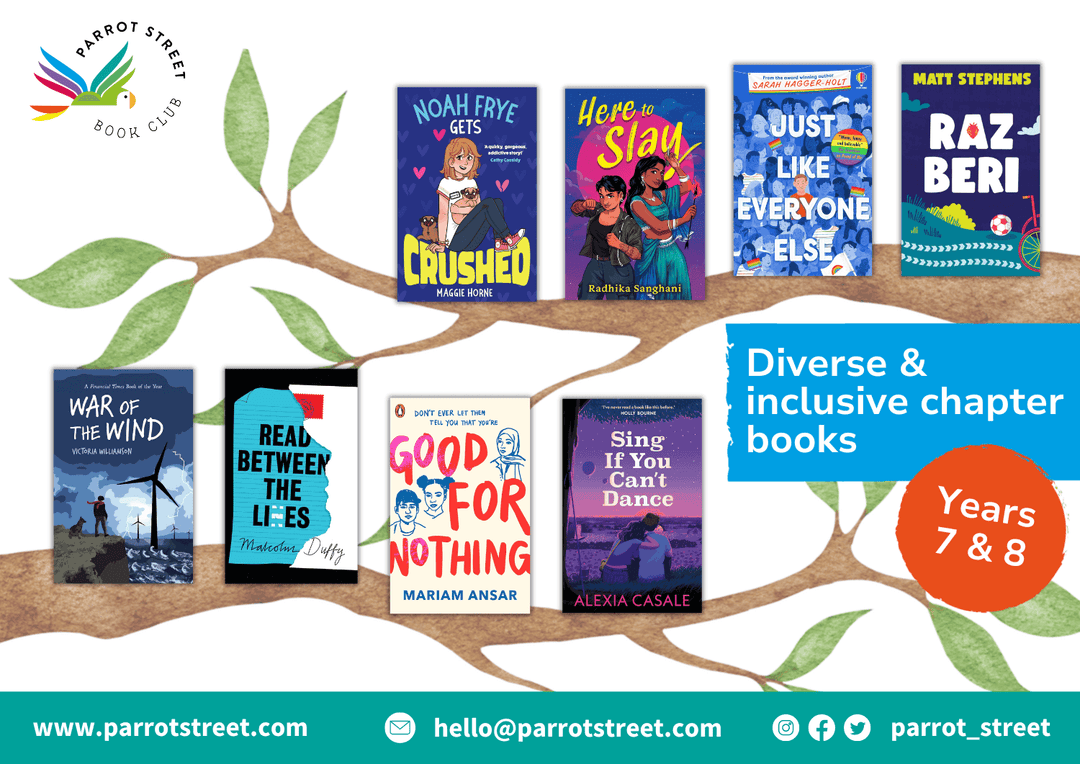 Printable poster showing 9 recommended chapter books for Years 7 & 8 supporting diversity and inclusivity