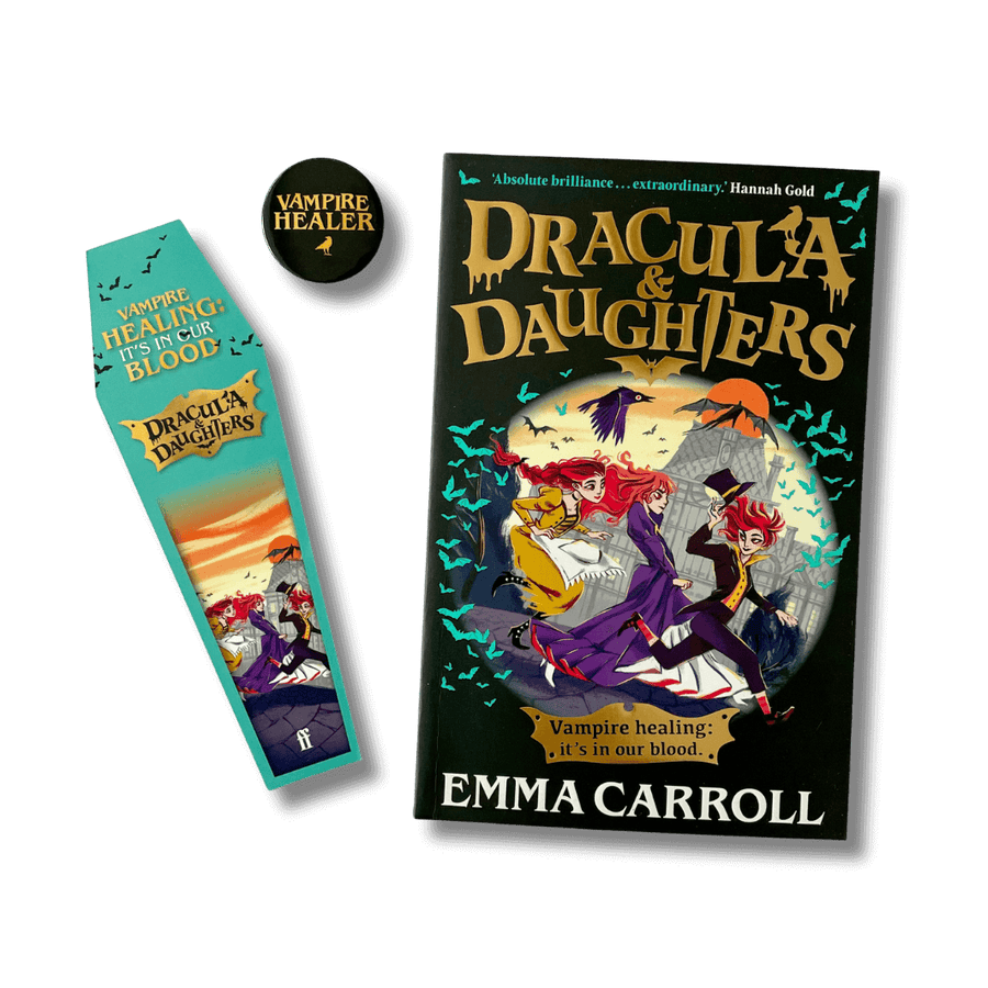 Indie edition of 'Dracula & Daughters' by Emma Carroll with a coffin-shaped bookmark and pin badge