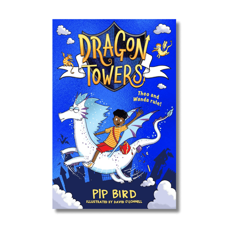 Book cover of 'Dragon Towers' by Pip Bird featuring a child riding a dragon against a blue background.
