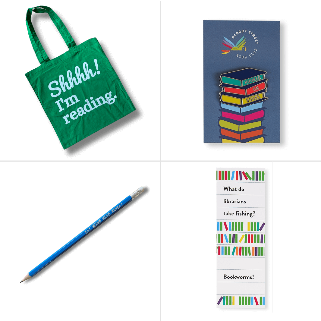 Example of the Shhh! I'm reading tote bag, Hooked on Books enamel pin and reading themed pencil and bookmark included in a gift set add on