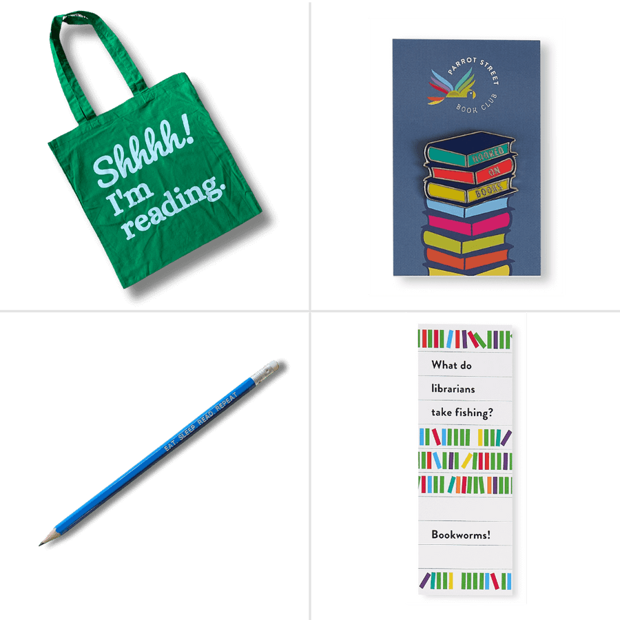 Example of the Shhh! I'm reading tote bag, Hooked on Books enamel pin and reading themed pencil and bookmark included in a gift set add on