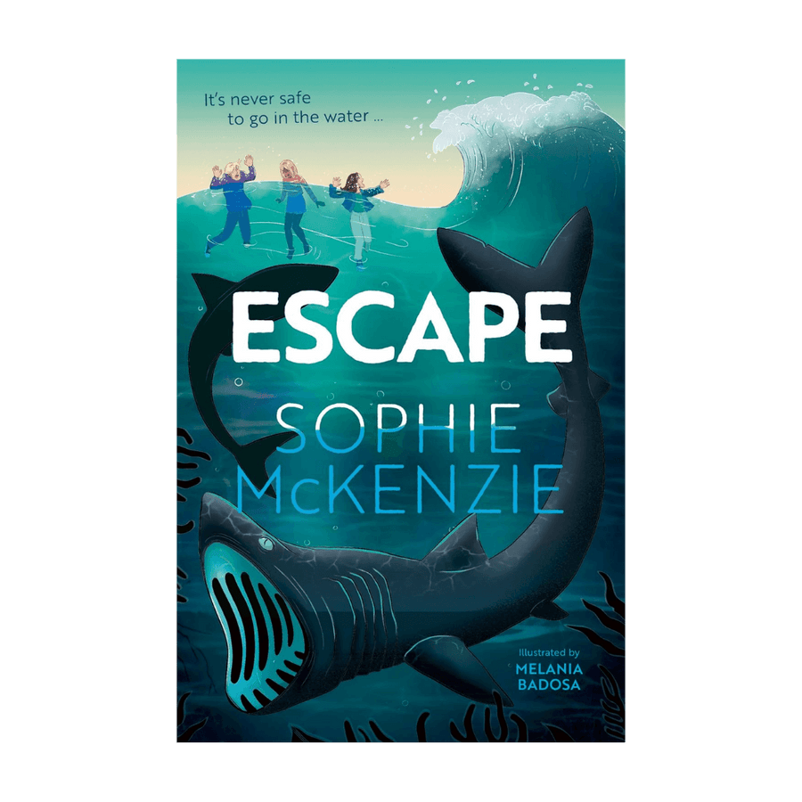 Book cover of 'Escape' by Sophie McKenzie with a shark and people in water illustration.