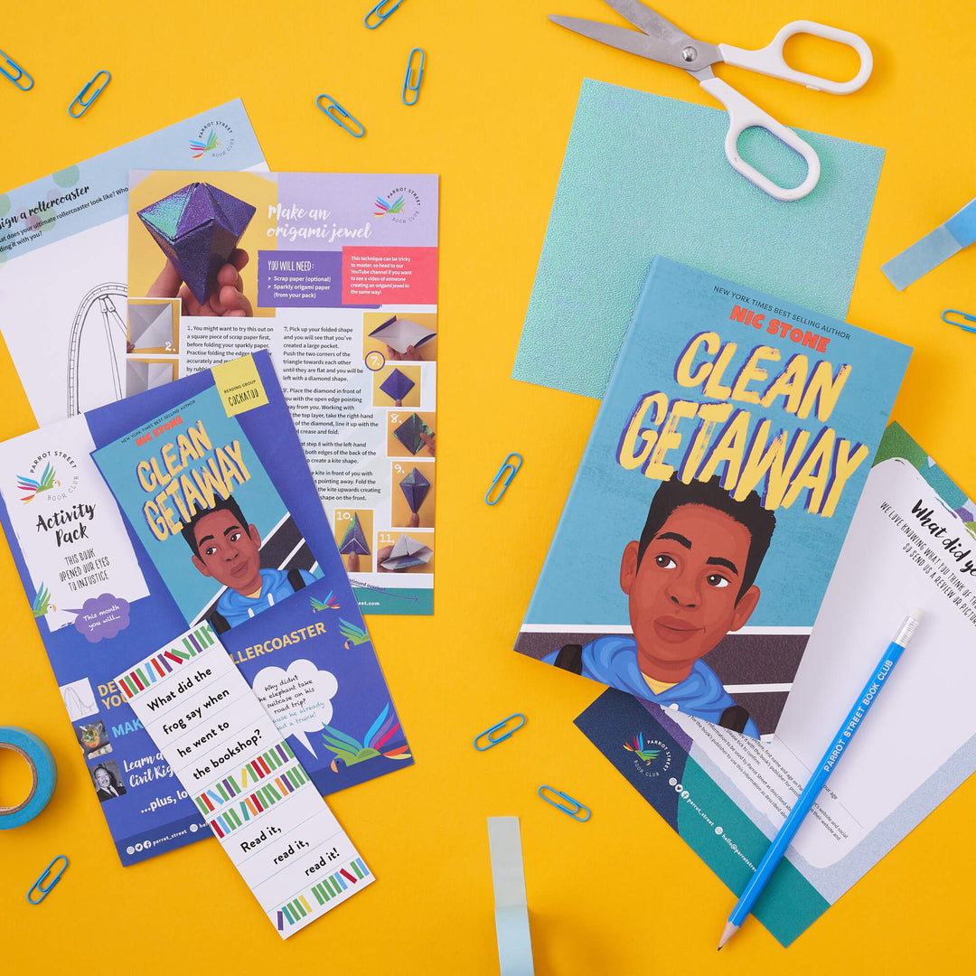 Example of a Cockatoo book subscription box featuring a middle grade novel and activity pack.
