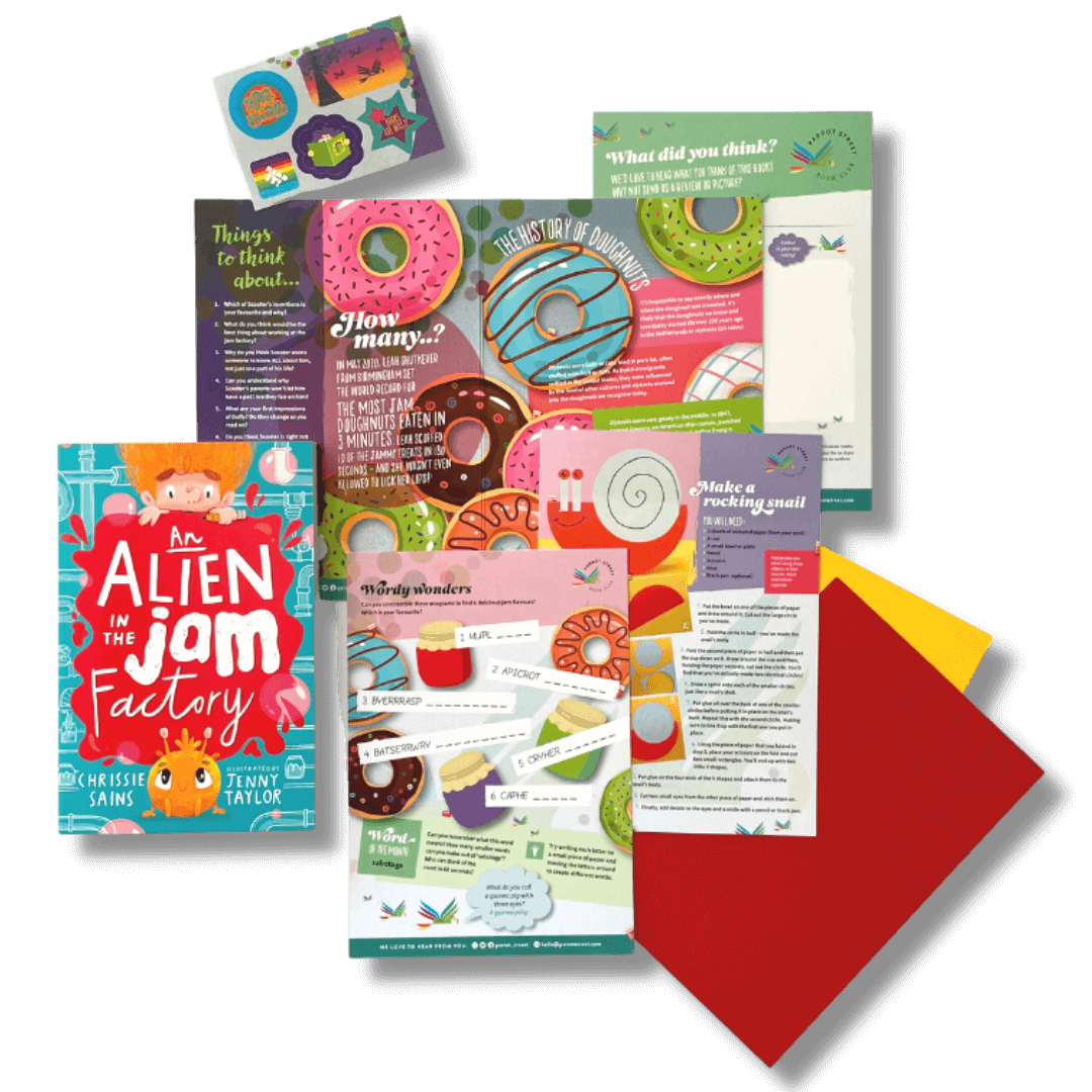 An example of the contents of a Parrot Street Book Club children's book subscription box including a chapter book and activity sheets.