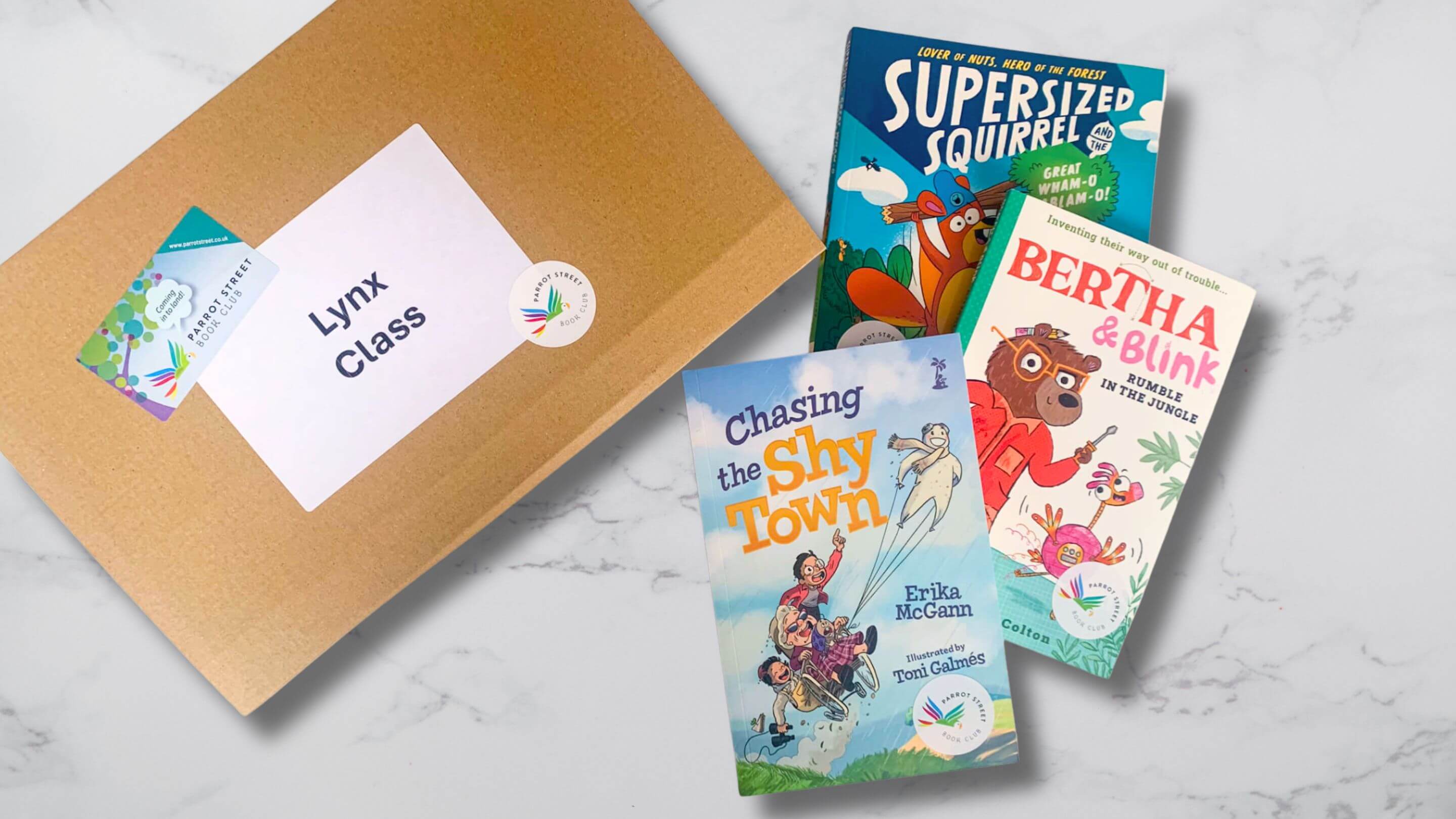 Example of a Parrot Street Book Club subscription box for a KS1 class including three highly-illustrated and colourful chapter books