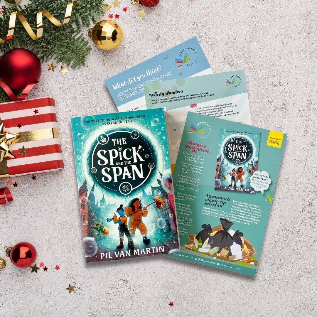 Children's book titled 'The Spick and the Span' by Pil Van Martin with activity pack on a festive background with Christmas decorations.