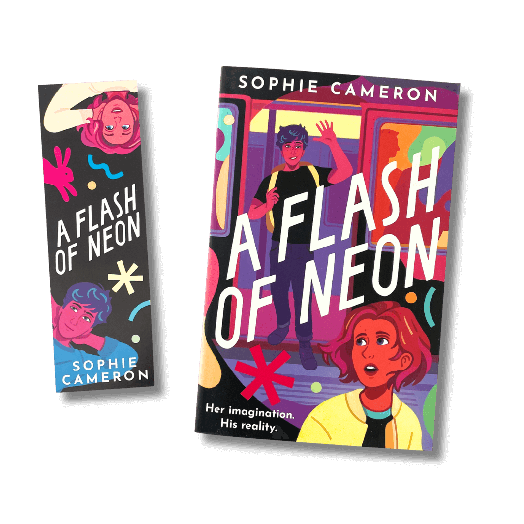Cover of A Flash of Neon by Sophie Cameron with accompanying bookmark