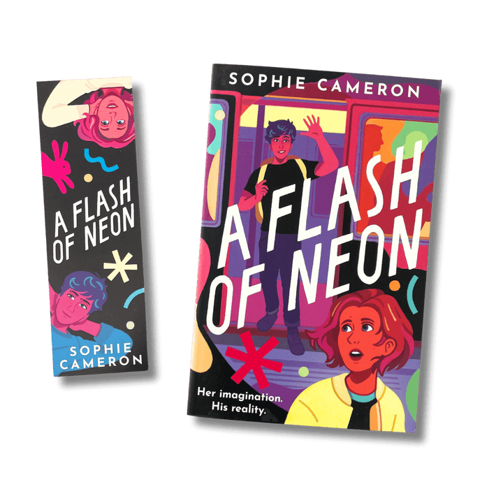 Cover of A Flash of Neon by Sophie Cameron with accompanying bookmark