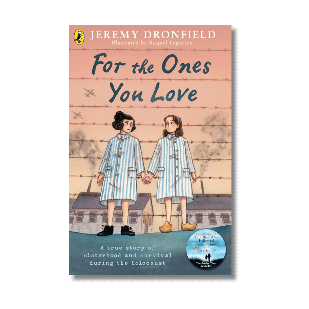 Book cover of 'For the Ones You Love' by Jeremy Dronfield with two illustrated figures holding hands in front of a barbed wire fence.