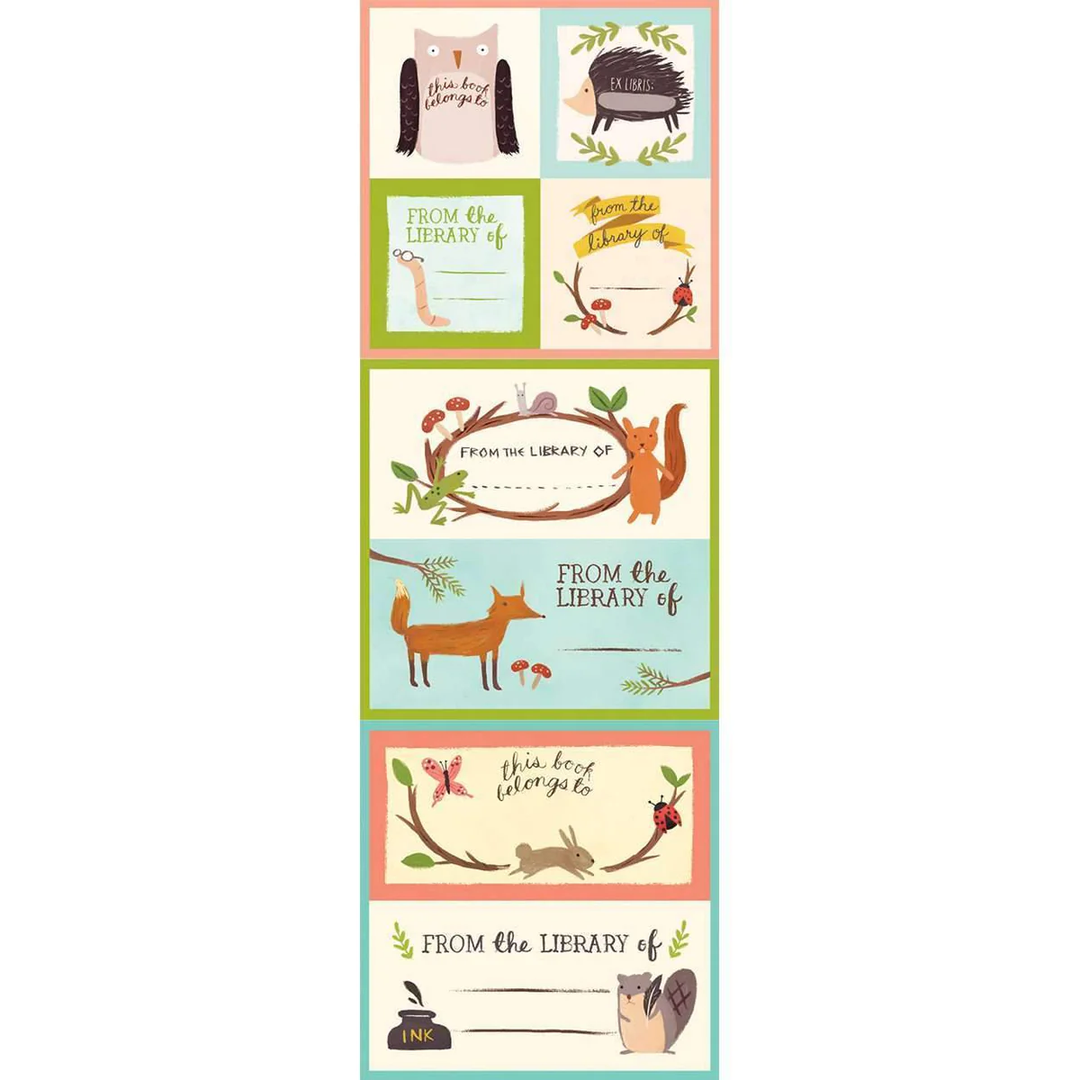 Examples of cute animal bookplate designs included in a kids bookplate set