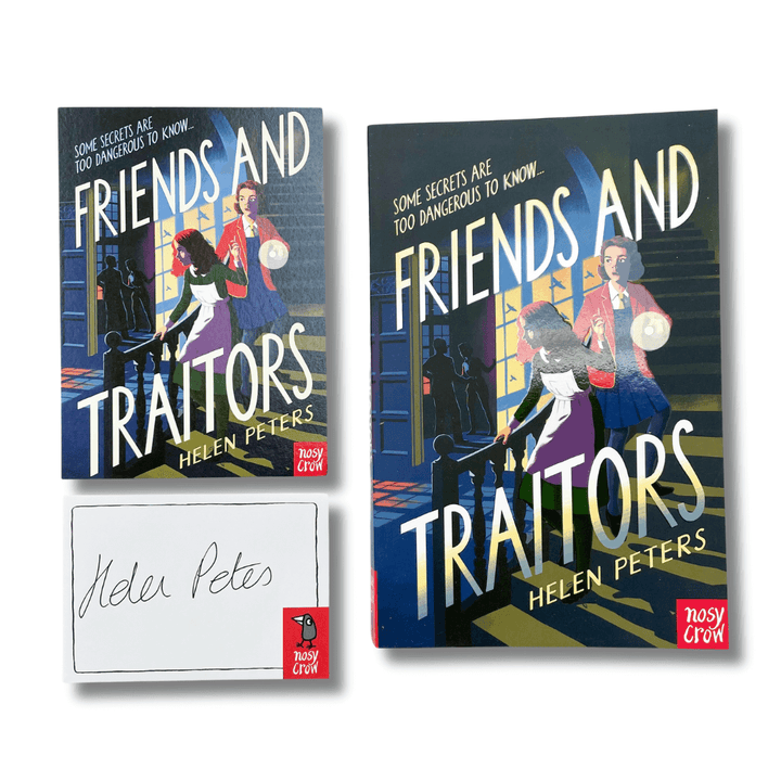 Friends and Traitors by Helen Peters with a bookplate signed by the author and postcard