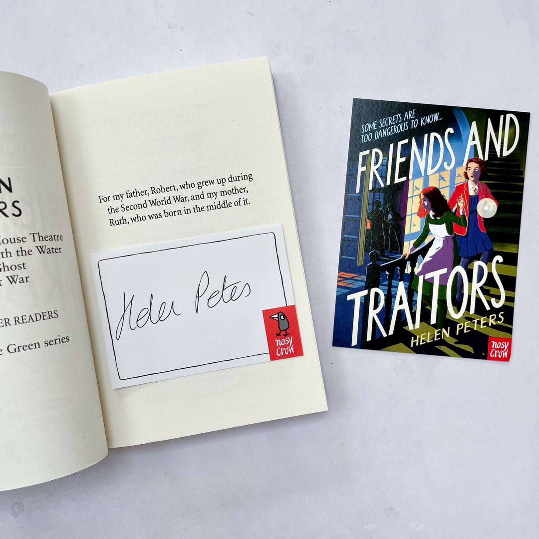 Bookplate signed by Helen Peters (author) inside an open copy of Friends and Traitors, alongside a postcard