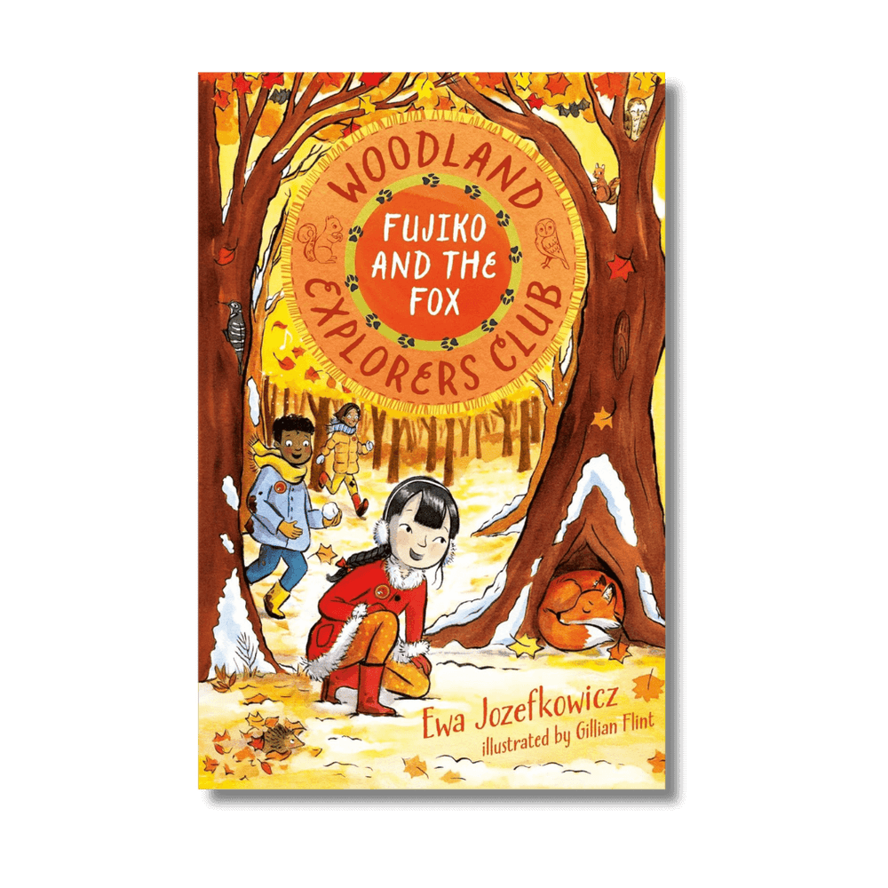 Book cover of 'Woodland Explorers Club: Fujiko and the Fox' with children in a forest setting.