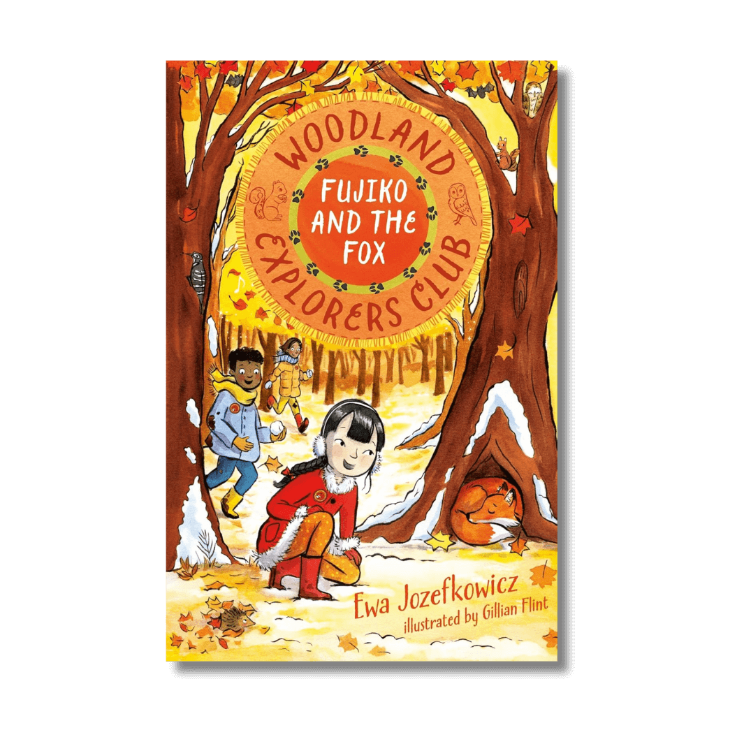 Book cover of 'Woodland Explorers Club: Fujiko and the Fox' with children in a forest setting.