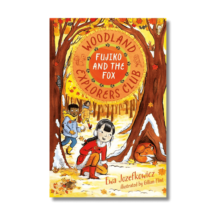Book cover of 'Woodland Explorers Club: Fujiko and the Fox' with children in a forest setting.