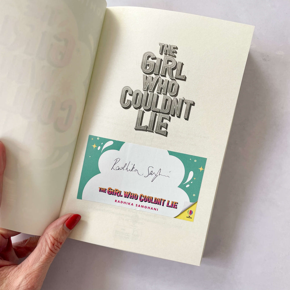 Open copy of The Girl Who Couldn't Like by Radhika Sanghani showing signed bookplate
