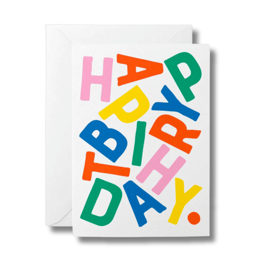 Greeting card with Happy Birthday written in colourful, bold font
