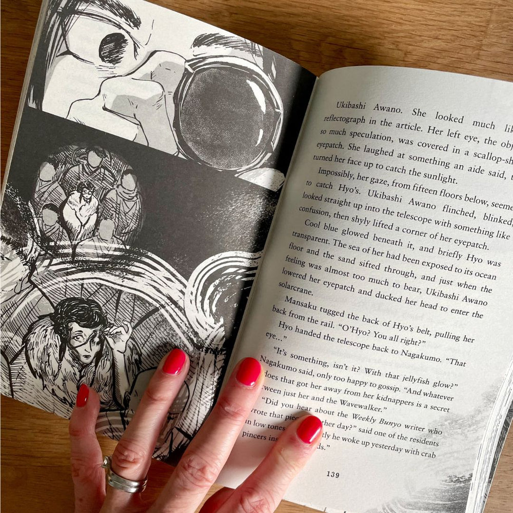 Inside view of text and manga-style illustrations in Hyo the Hellmaker by Mina Ikemoto Ghosh