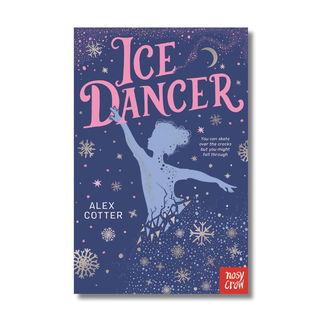 Book cover of 'Ice Dancer' by Alex Cotter with a silhouette of a dancer and snowflakes on a blue background.
