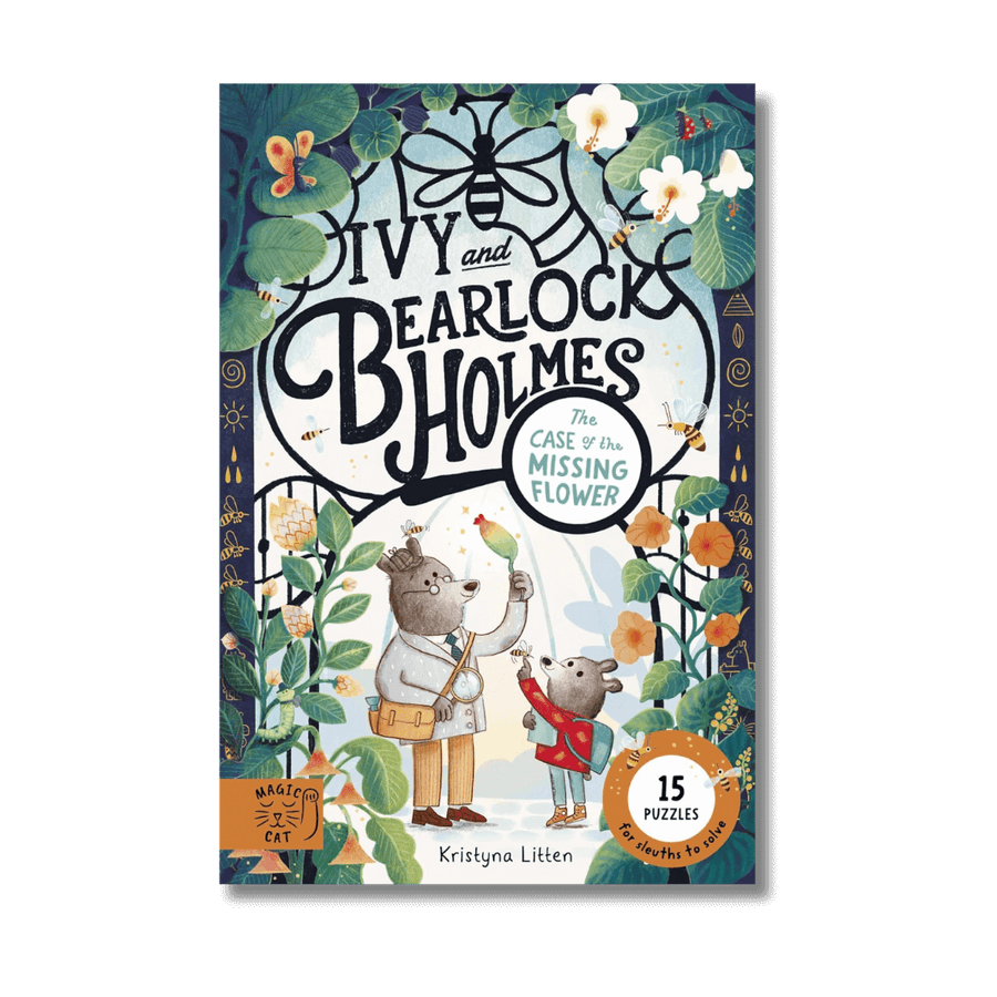 Book cover of 'Ivy and Bearlock Holmes: The Case of the Missing Flower' with illustrations of a bear and a girl in a garden setting.