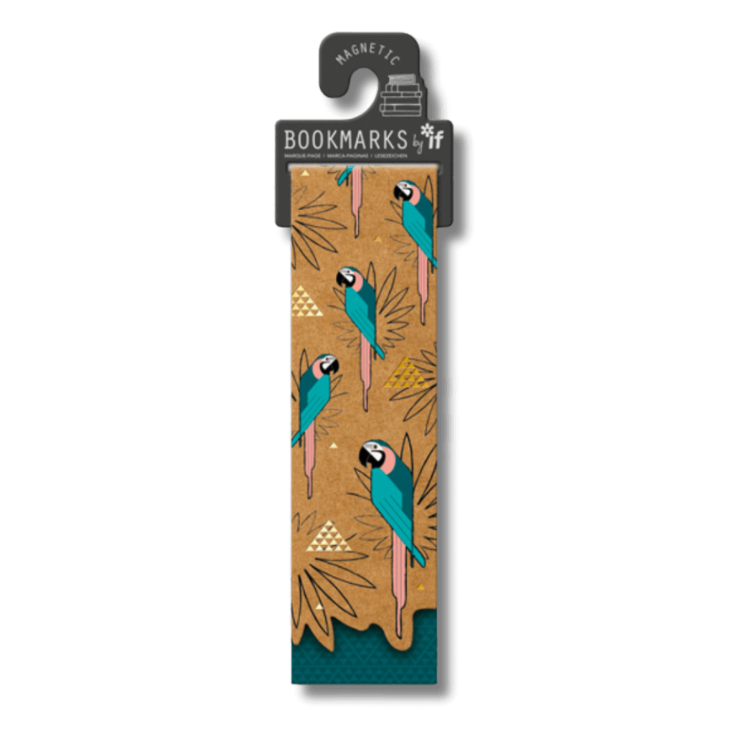 Folded kraft bookmark with a colourful stylish parrot design and gold foiled elements