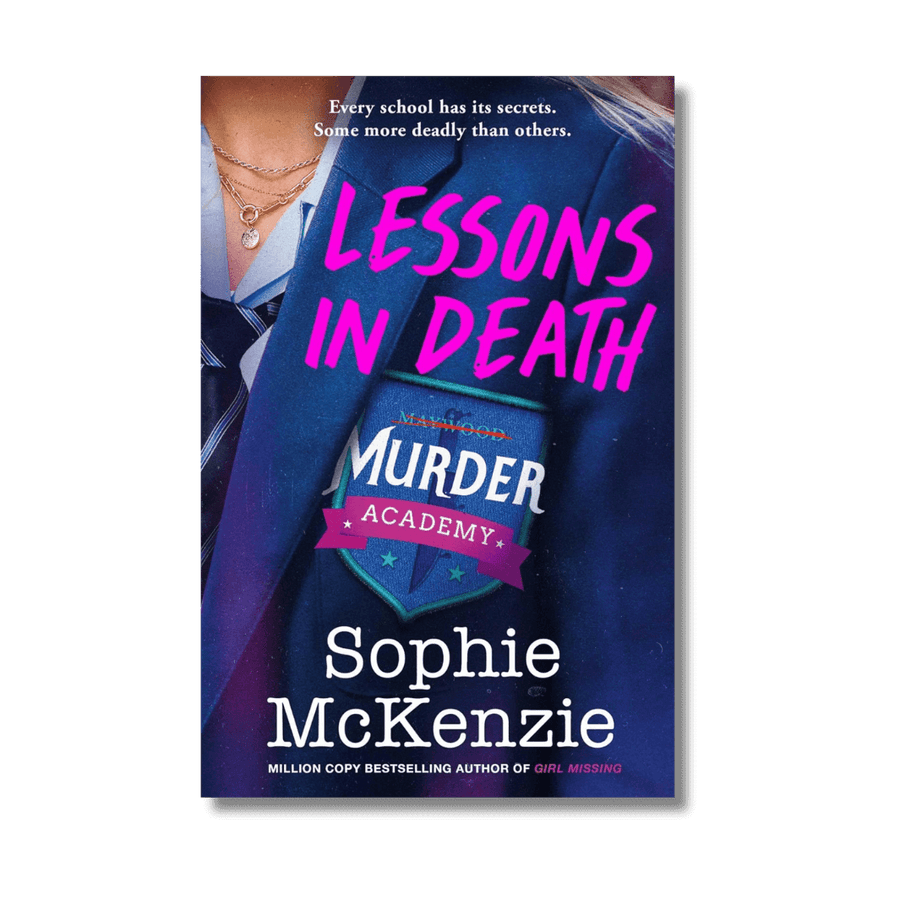 Book cover of 'Lessons in Death' by Sophie McKenzie with a person in a blue jacket and tie.