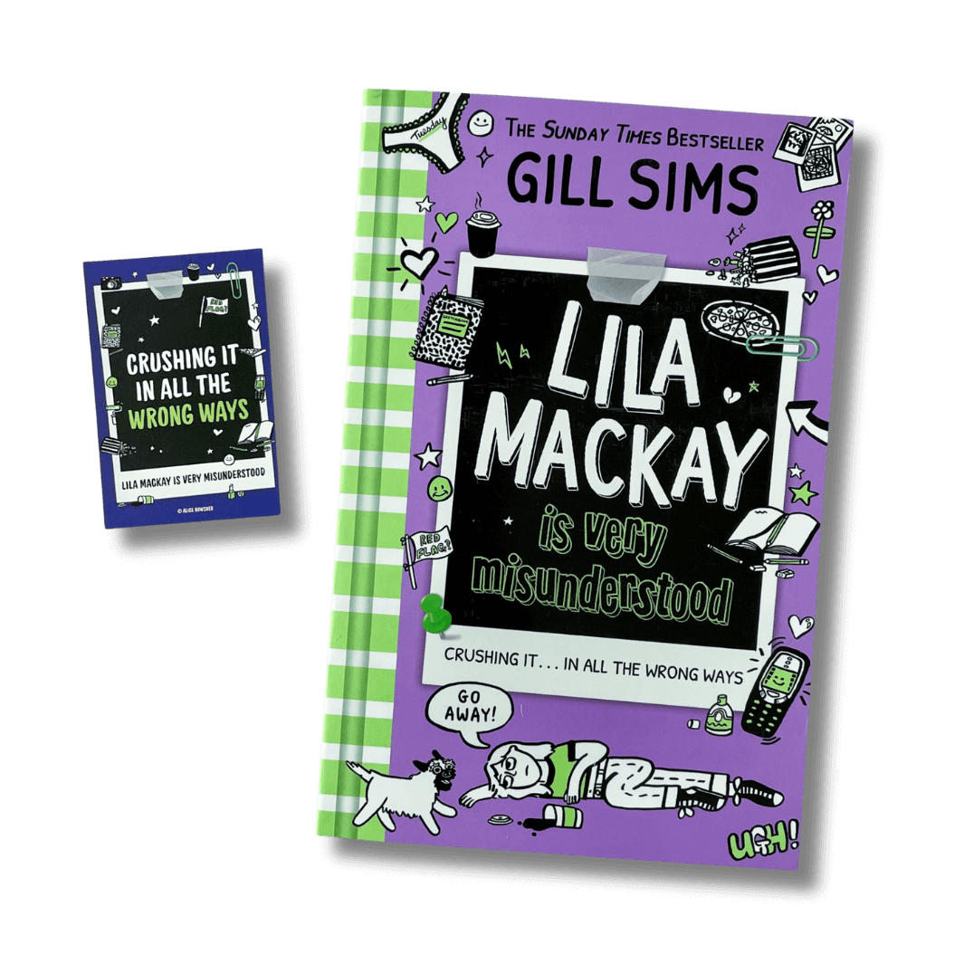 Book cover of 'Lila Mackay is Very Misunderstood' by Gill Sims with cartoon illustrations on a black background accompanied by a laptop sticker