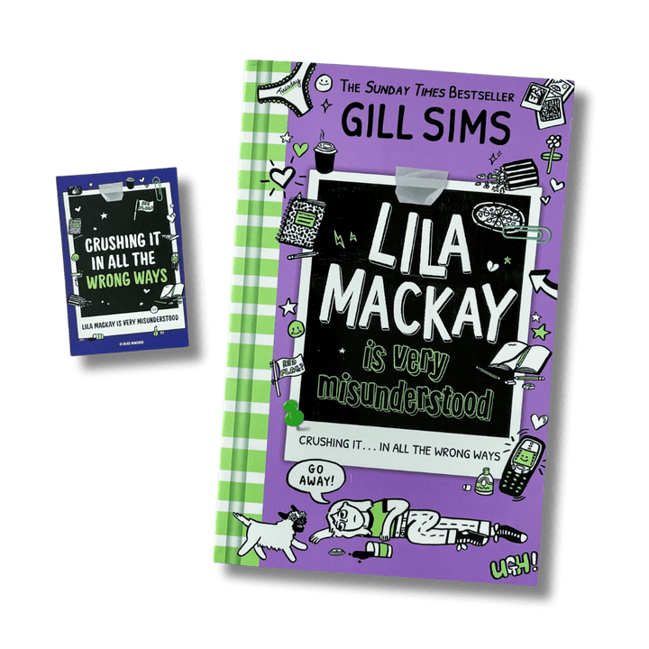 Book cover of 'Lila Mackay is Very Misunderstood' by Gill Sims with cartoon illustrations on a black background accompanied by a laptop sticker