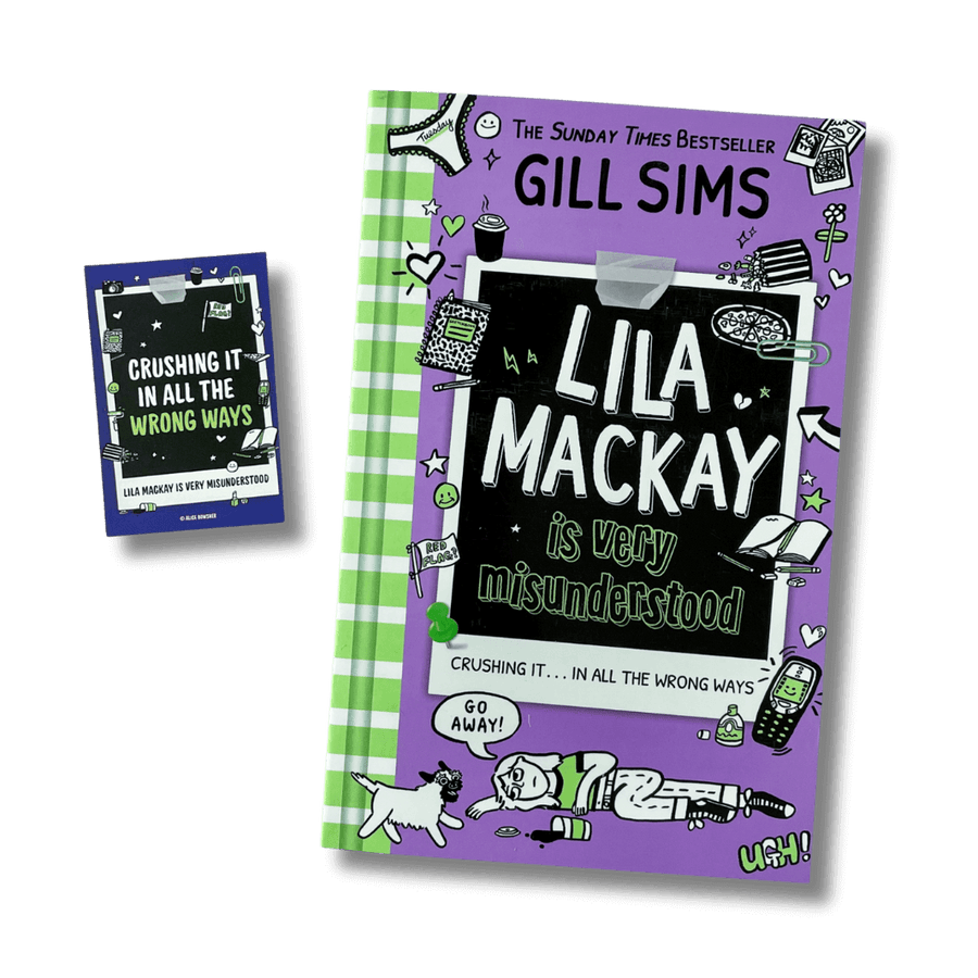 Book cover of 'Lila Mackay is Very Misunderstood' by Gill Sims with cartoon illustrations on a black background accompanied by a laptop sticker