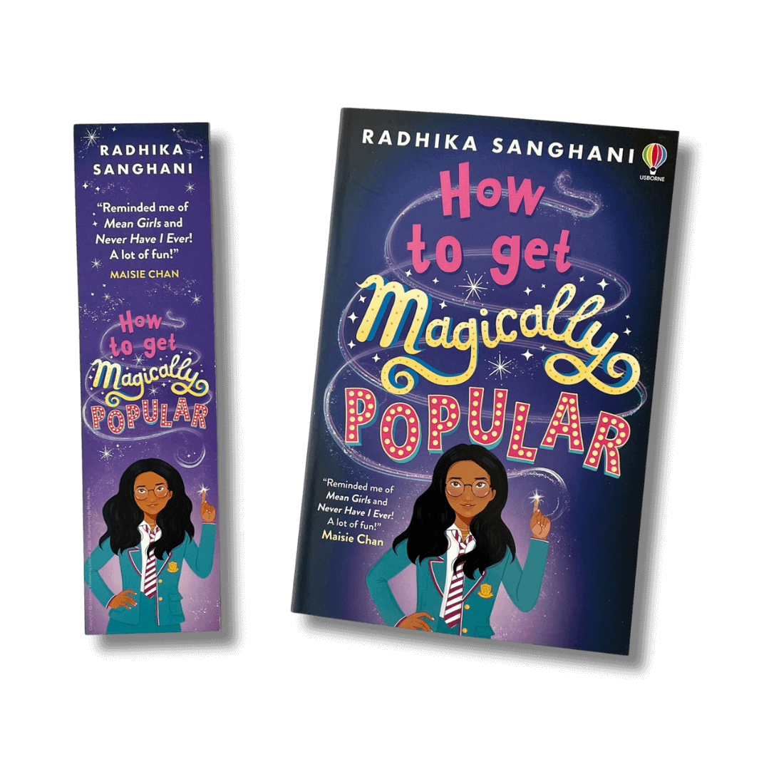 Book titled 'How to get Magically Popular' by Radhika Sanghani on a black background and accompanying bookmark