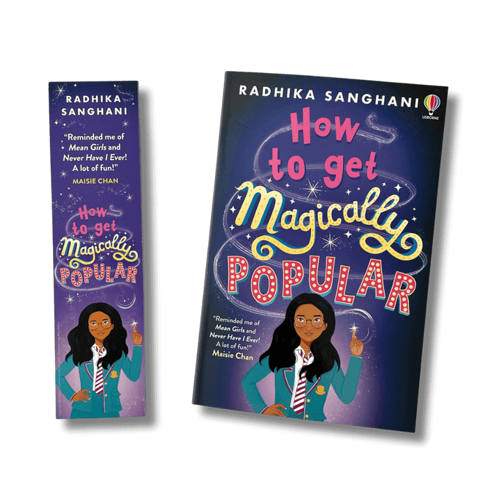 Book titled 'How to get Magically Popular' by Radhika Sanghani on a black background and accompanying bookmark