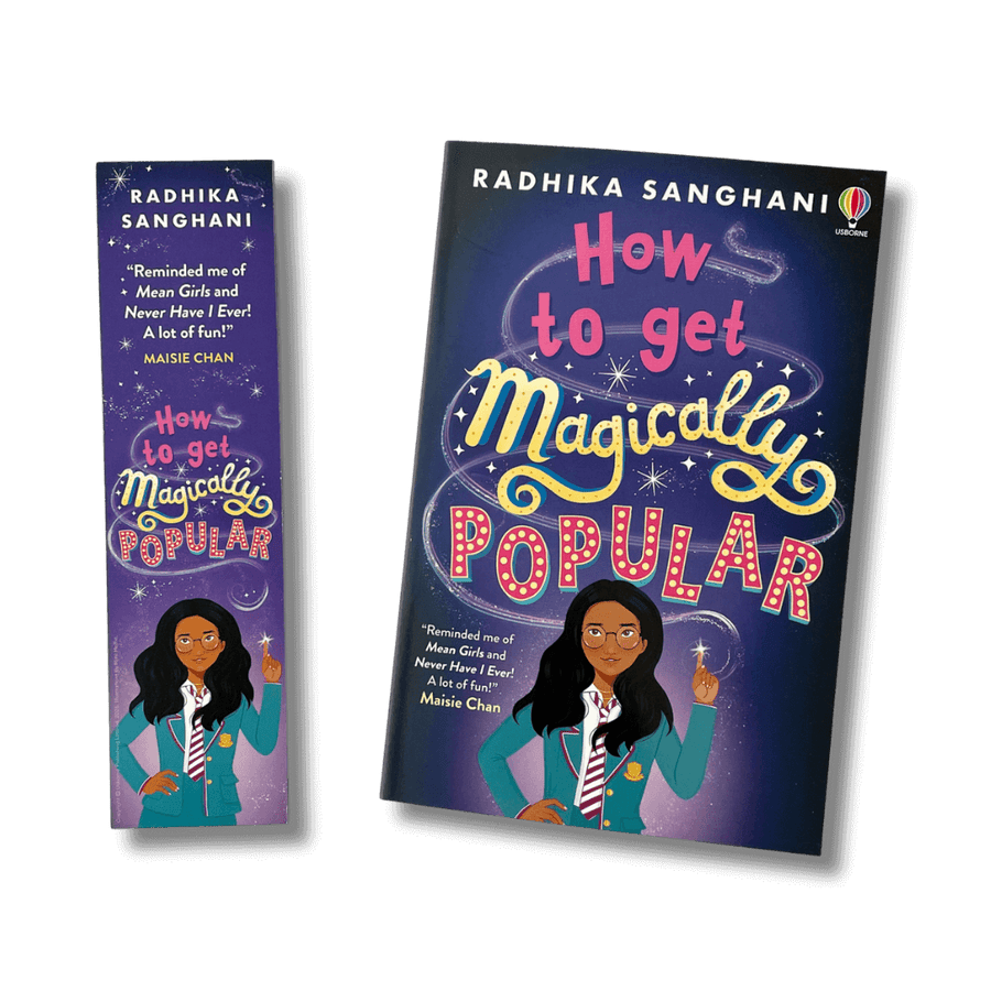 Book titled 'How to get Magically Popular' by Radhika Sanghani on a black background and accompanying bookmark
