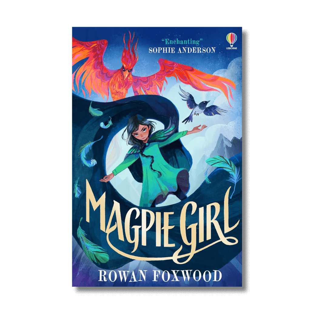 Book cover of 'Magpie Girl' with a girl in a green cloak and a dragon on a blue background