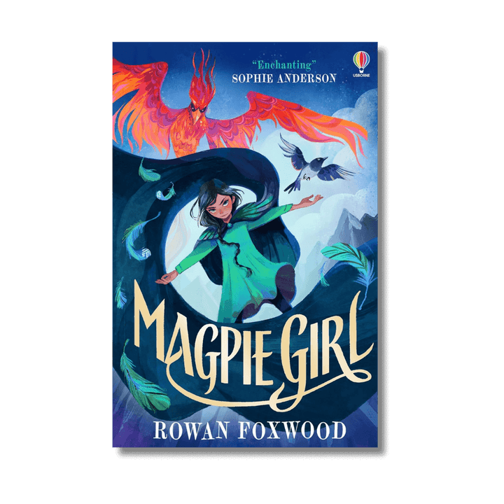 Book cover of 'Magpie Girl' with a girl in a green cloak and a dragon on a blue background