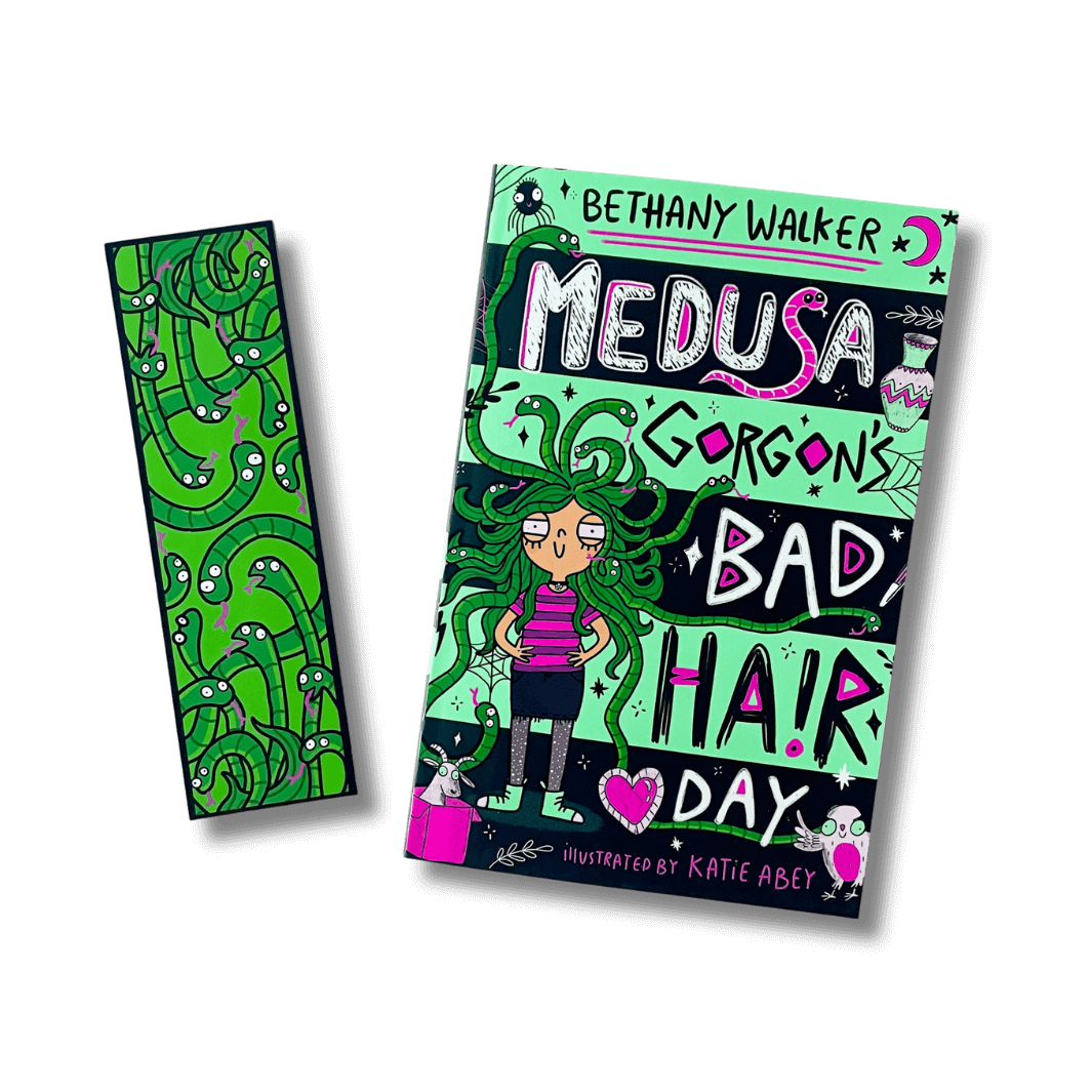 Cover of Medusa Gorgon's Bad Hair Day by Bethany Walker with accompanying bookmark