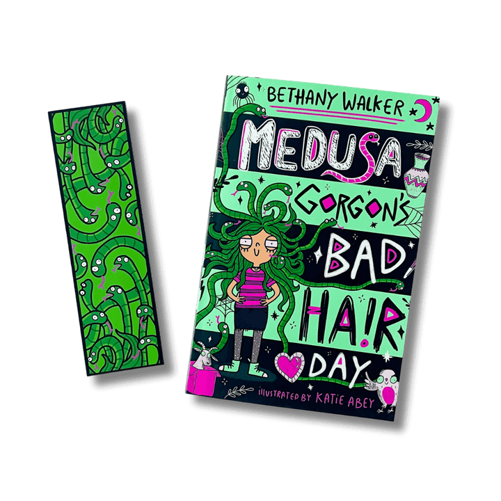 Cover of Medusa Gorgon's Bad Hair Day by Bethany Walker with accompanying bookmark
