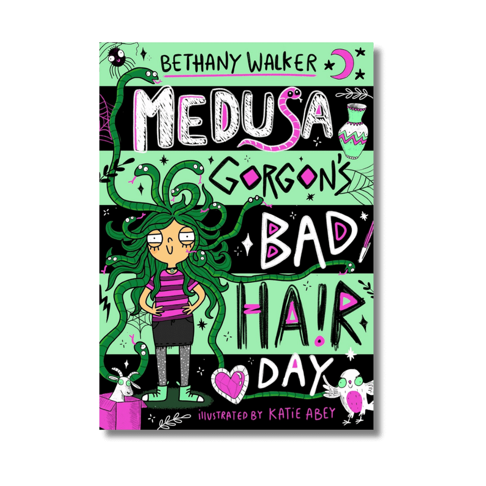 Book cover of 'Medusa Gorgon's Bad Hair Day' by Bethany Walker with cartoon Medusa and colorful text on a black background.