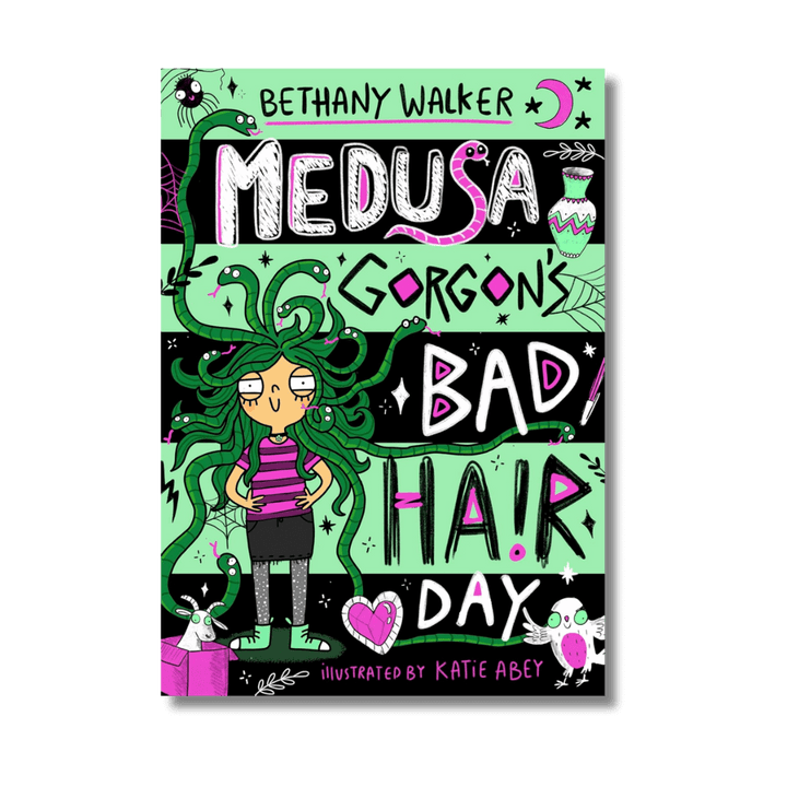 Book cover of 'Medusa Gorgon's Bad Hair Day' by Bethany Walker with cartoon Medusa and colorful text on a black background.