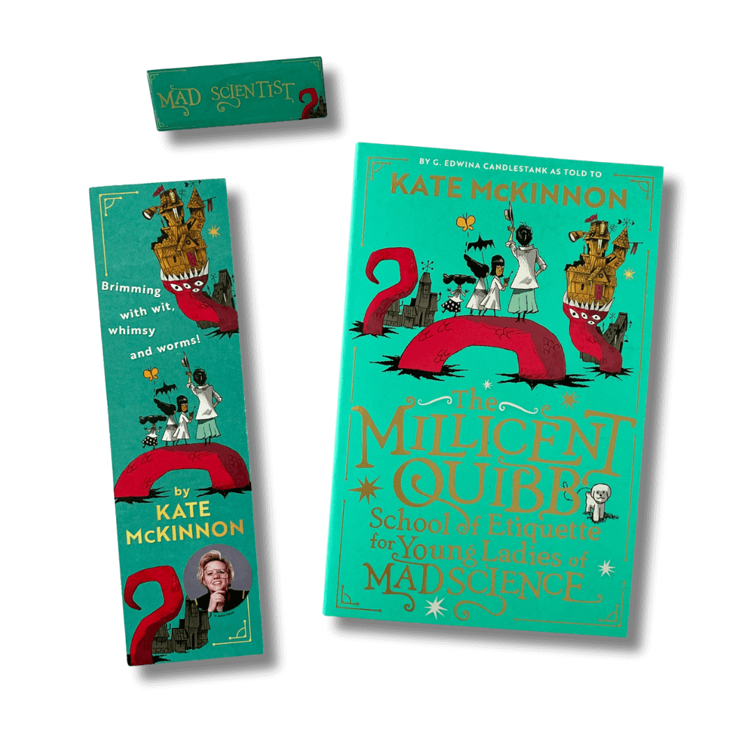 Book cover of 'The Millicent Quibb' by Kate McKinnon on a black background with accompanying bookmark and pin badge