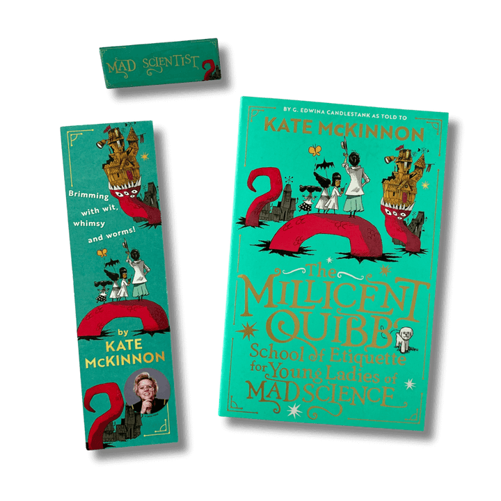 Book cover of 'The Millicent Quibb' by Kate McKinnon on a black background with accompanying bookmark and pin badge