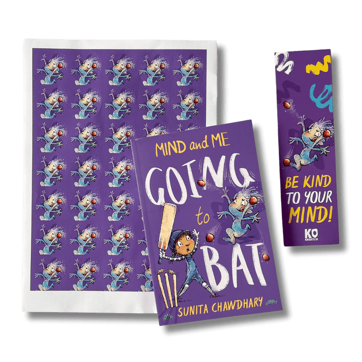 Mind and Me: Going to Bat by Sunita Chawdhary with accompanying sticker sheet and bookmark