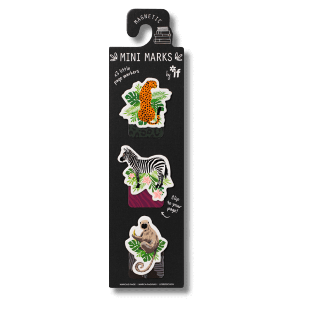 Set of three mini magnetic bookmarks with illustrations of a cheetah, a zebra and a monkey