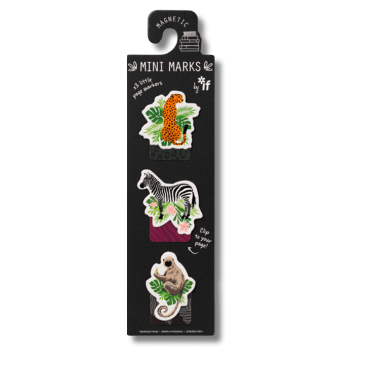 Set of three mini magnetic bookmarks with illustrations of a cheetah, a zebra and a monkey