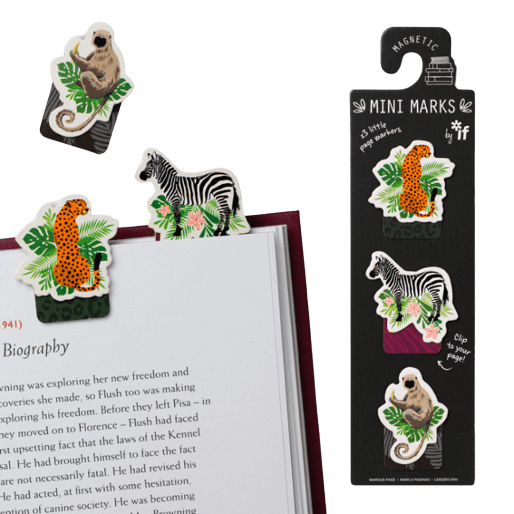 Set of three mini magnetic bookmarks with illustrations of a cheetah, a zebra and a monkey
